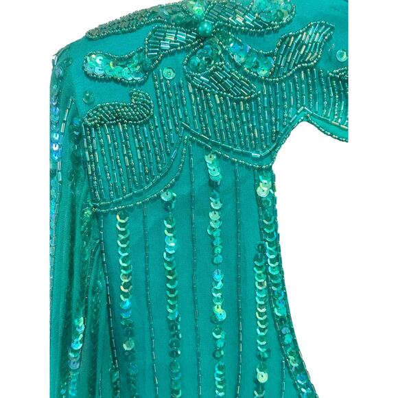 Nadine Boutique Vintage 100% Silk Hand Beaded Turquoise Green Cocktail Dress-M - Picture 7 of 16